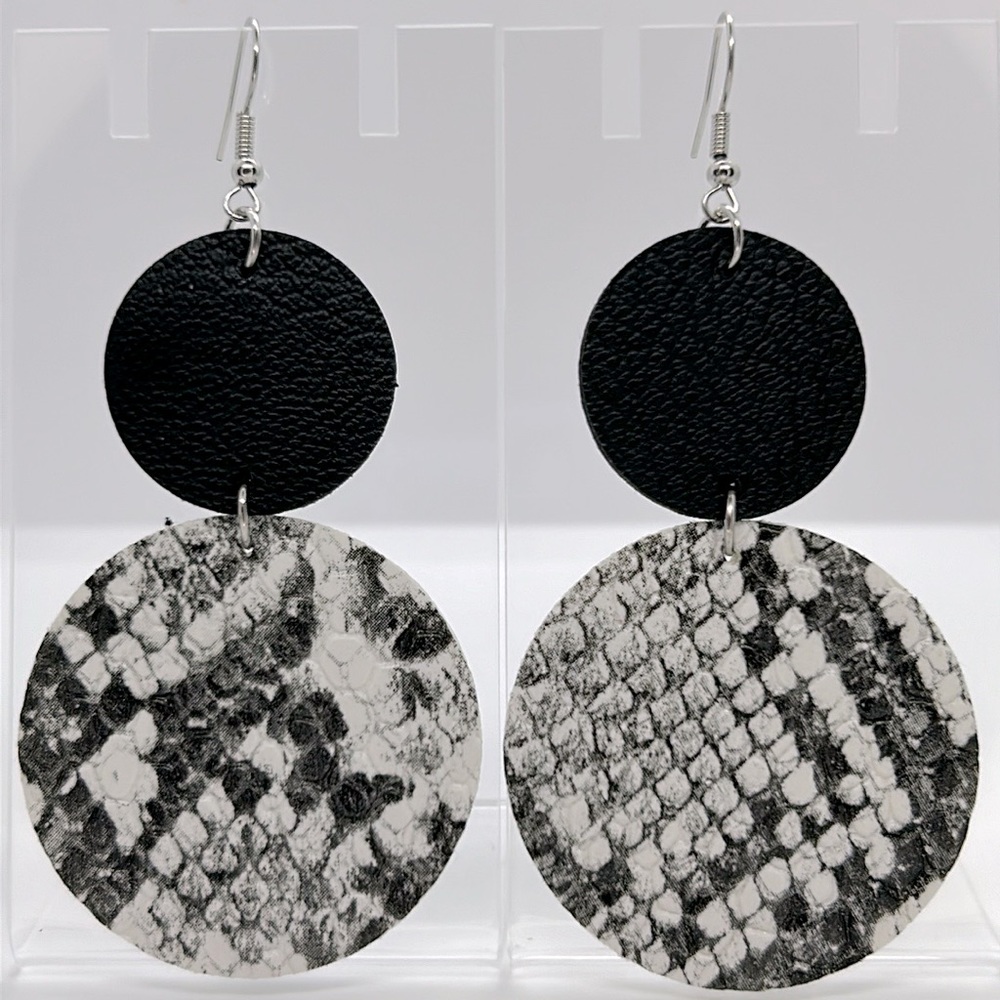 *LAST SET* Faux Leather Double Circle Dangle Earrings Snake Skin Fashion Jewelry - Picture 4 of 5